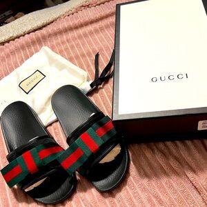 NIB Gucci Web Bow Satin Slides Size 39
